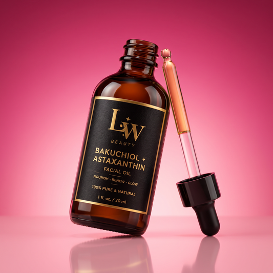 Luster Bakuchiol Face Oil, angled studio shot on pink gradient