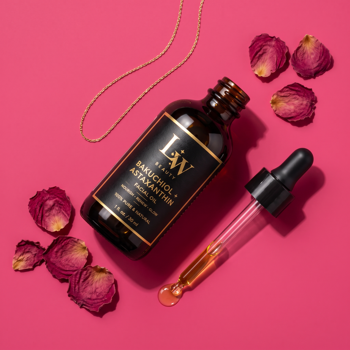 Luster Bakuchiol Face Oil styled flat lay with rose petals
