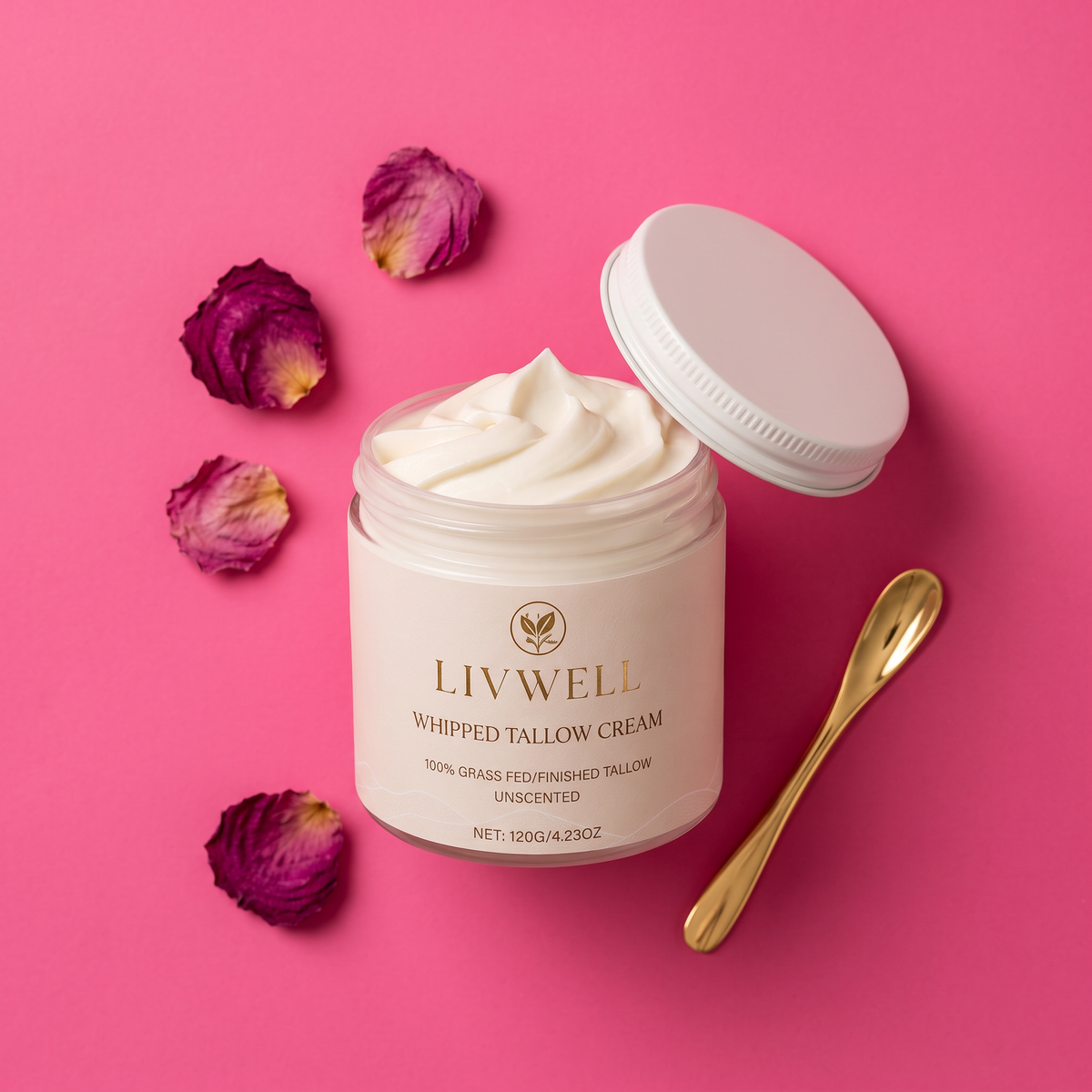 Whipped Tallow Cream styled flat lay with rose petals