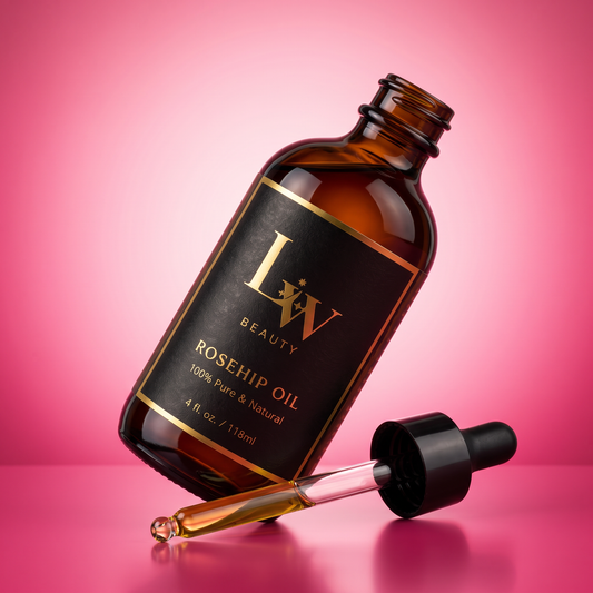 Rosehip Oil, angled studio shot on pink gradient