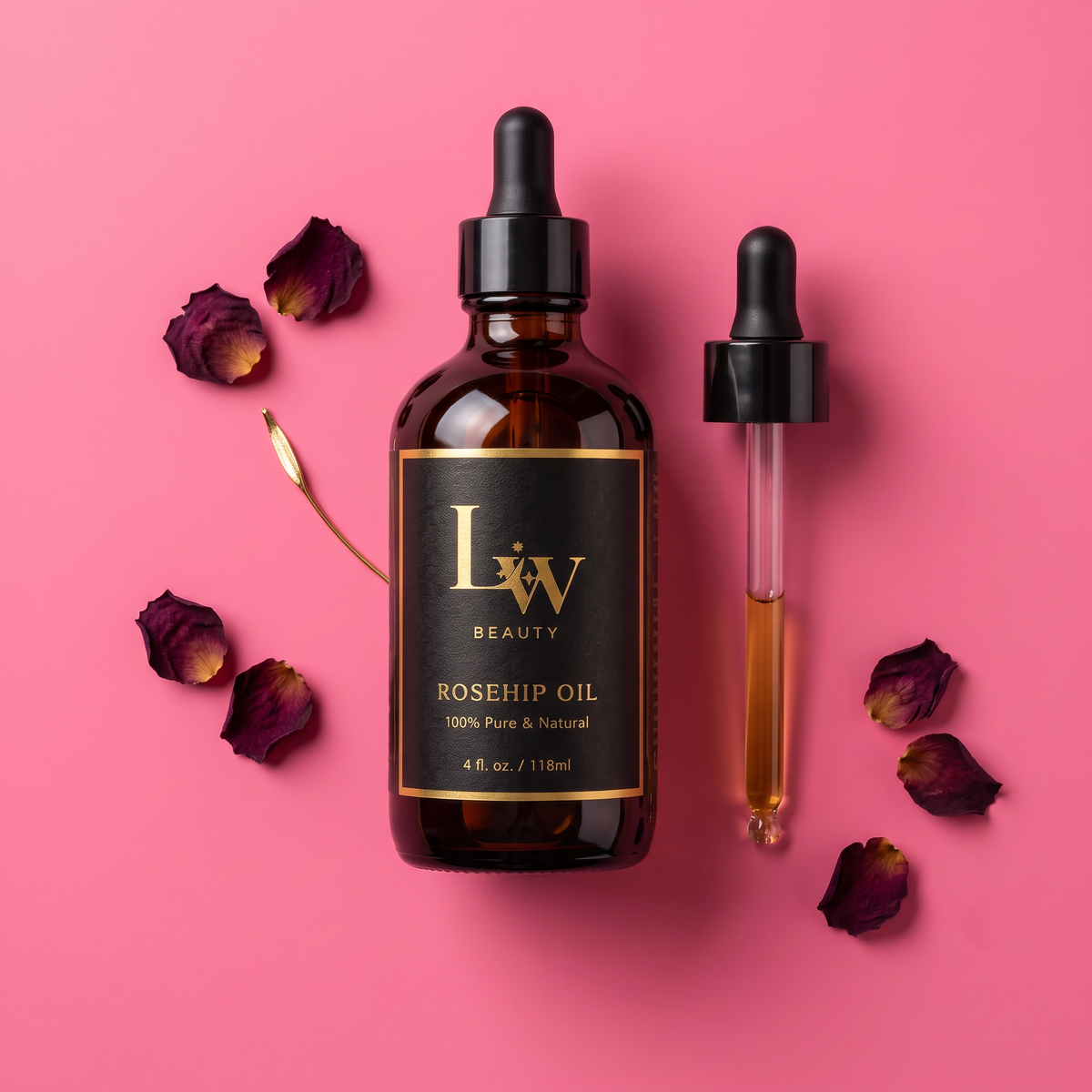 Rosehip Oil styled flat lay with rose petals