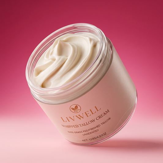 Whipped Tallow Cream, angled studio shot on pink gradient