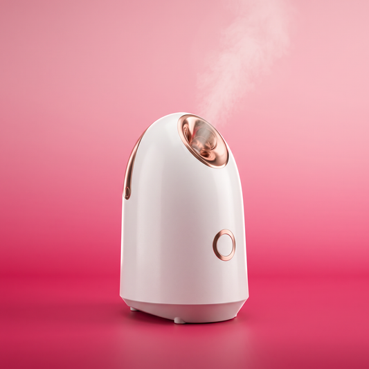 Facial Steamer, angled studio shot on pink gradient with mist