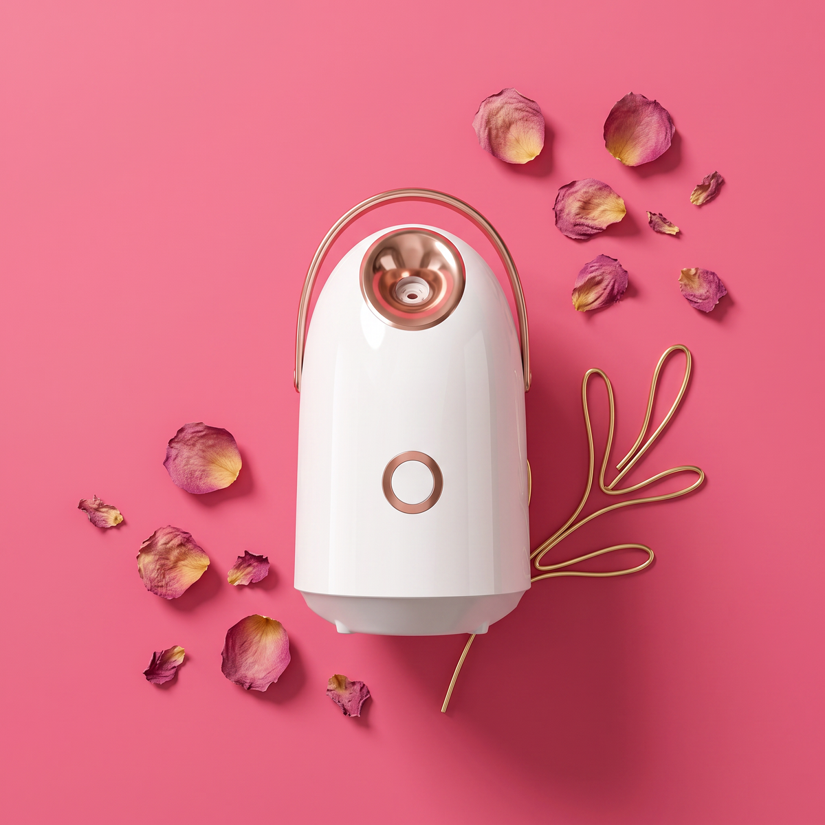 Facial Steamer styled flat lay with rose petals
