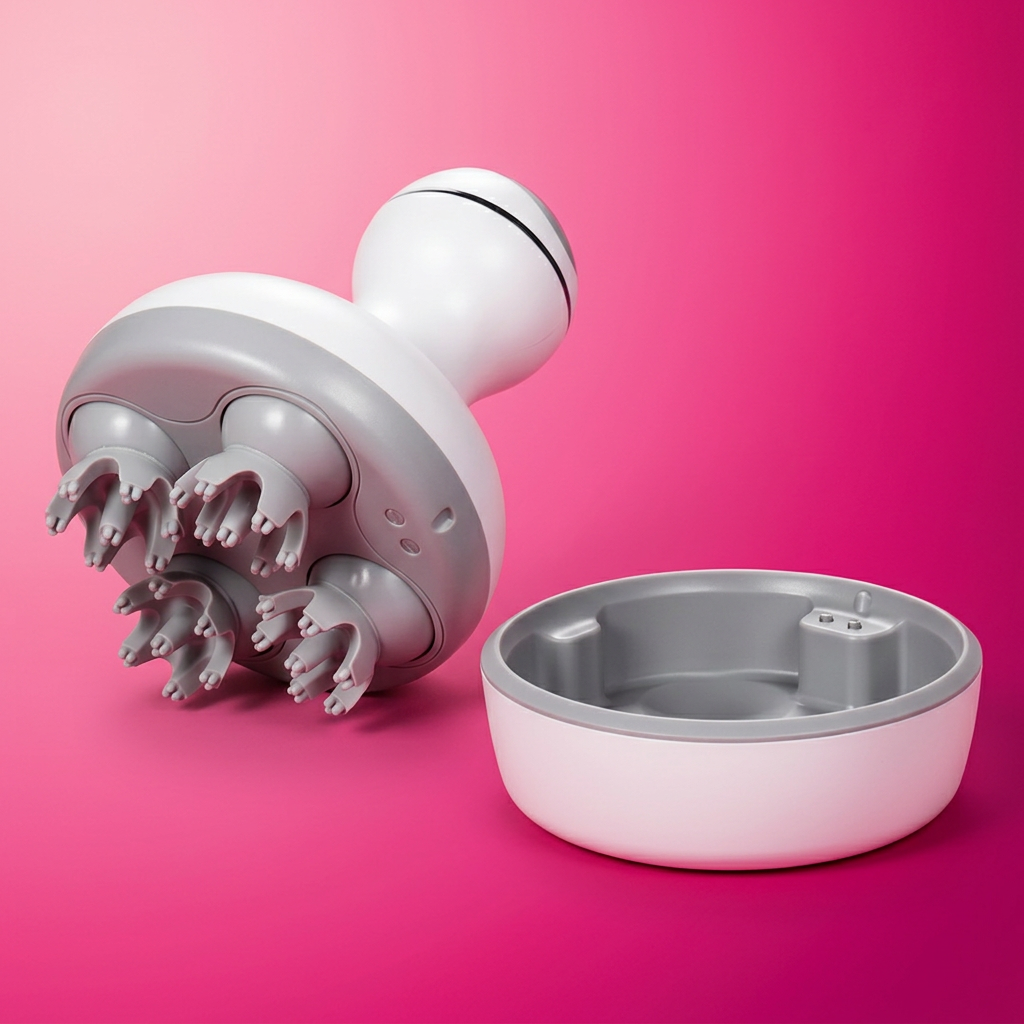 Smart Scalp Massager, angled 3/4 studio shot on pink gradient