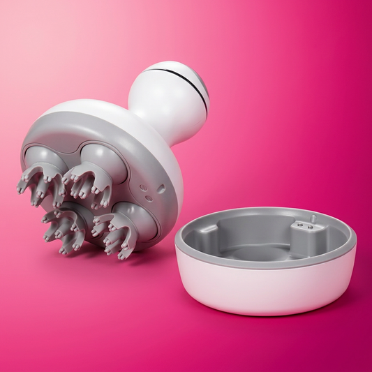Smart Scalp Massager, angled 3/4 studio shot on pink gradient