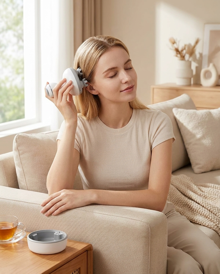 Woman relaxing on couch using the Smart Scalp Massager, lifestyle shot