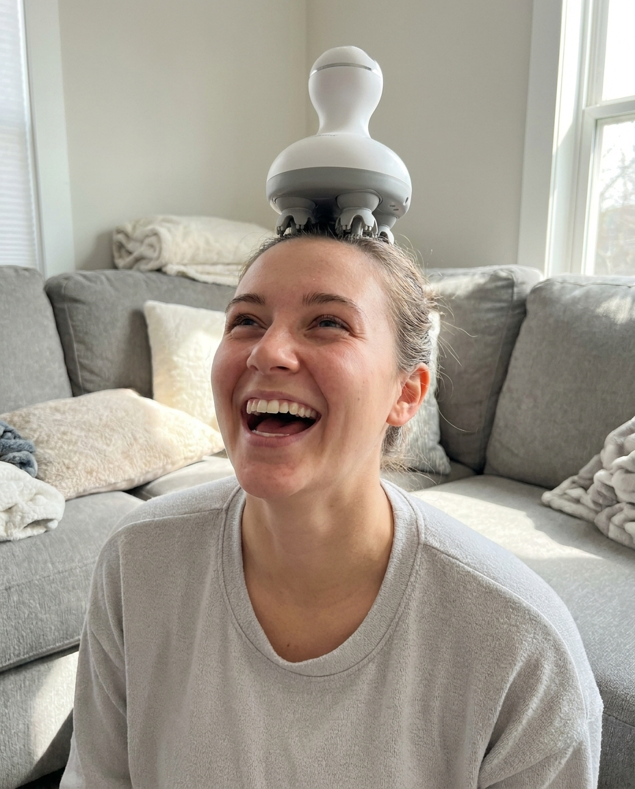 Woman laughing with the Smart Scalp Massager perched on her head, playful shot