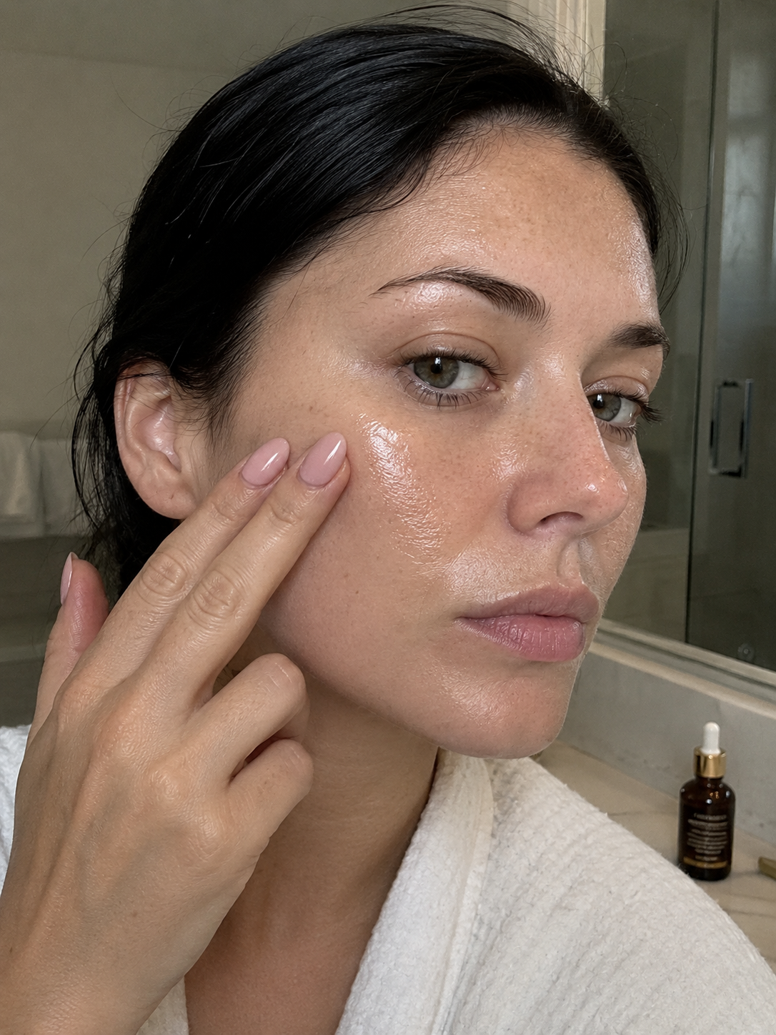 Model applying Luster Bakuchiol Face Oil to her face
