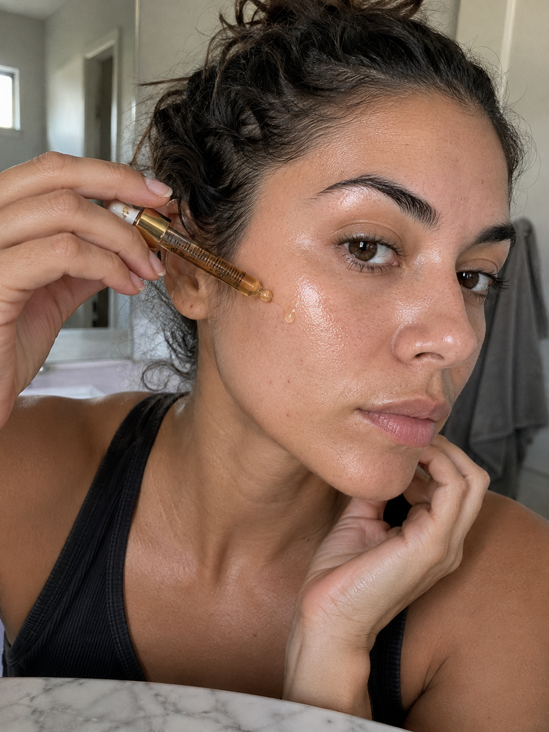 Model applying Luster Bakuchiol Face Oil with syringe applicator