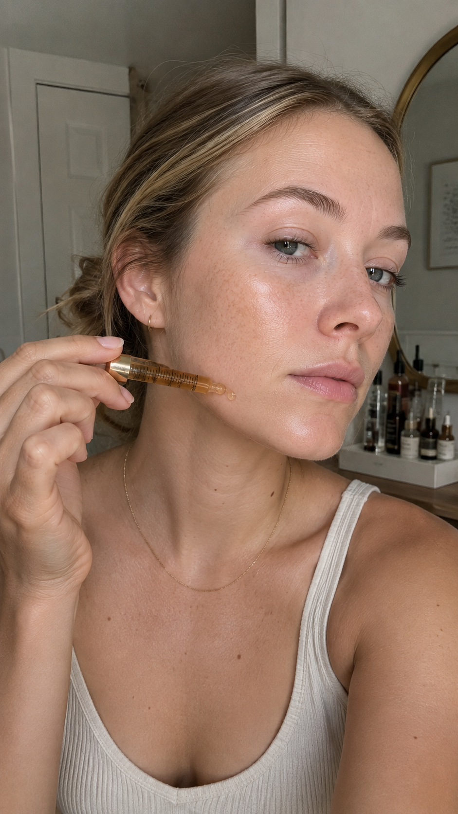 Model applying Luster Bakuchiol Face Oil to her face