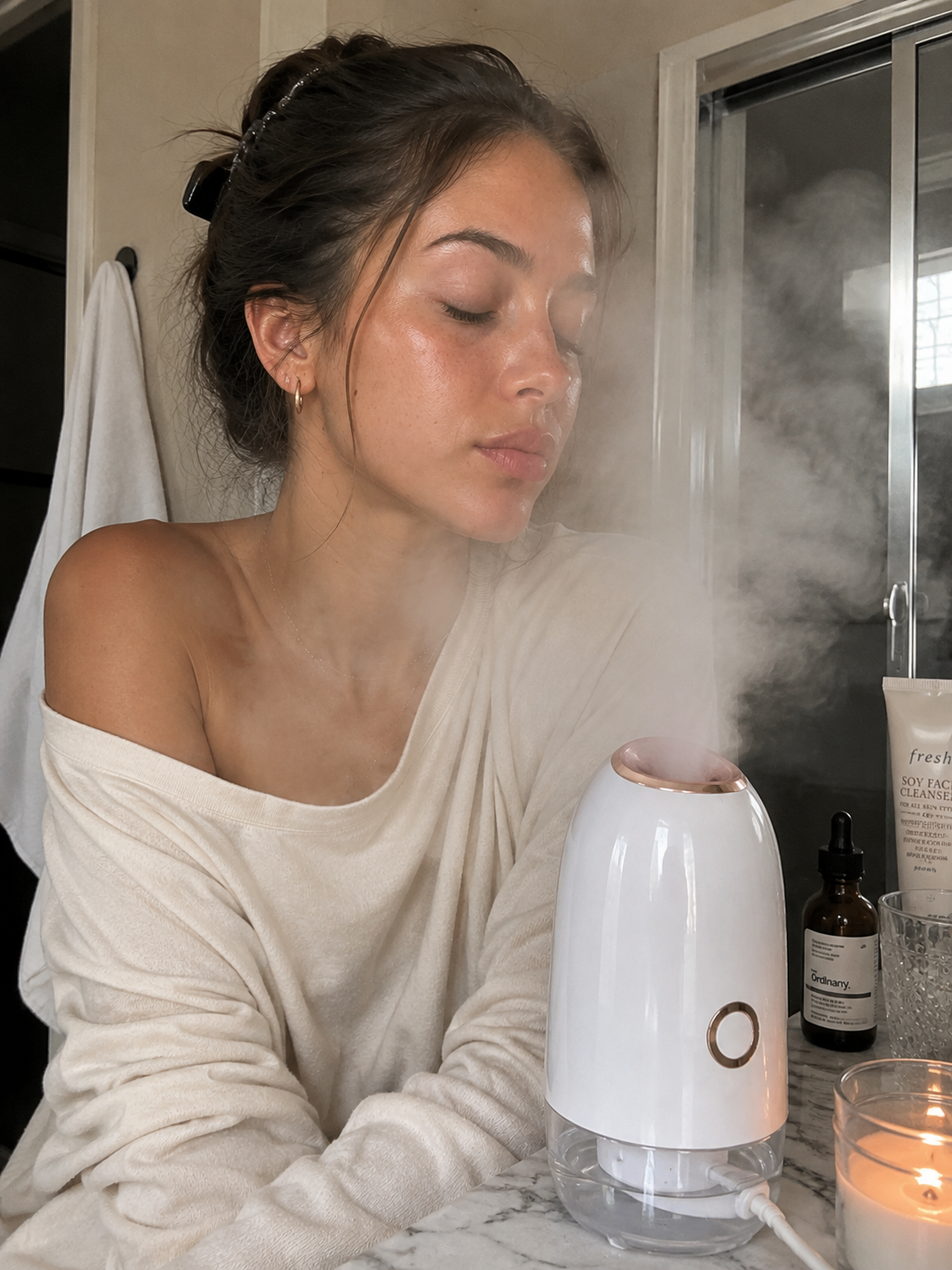 Using the LivWell Facial Steamer at the bathroom counter, nano-mist steaming the face