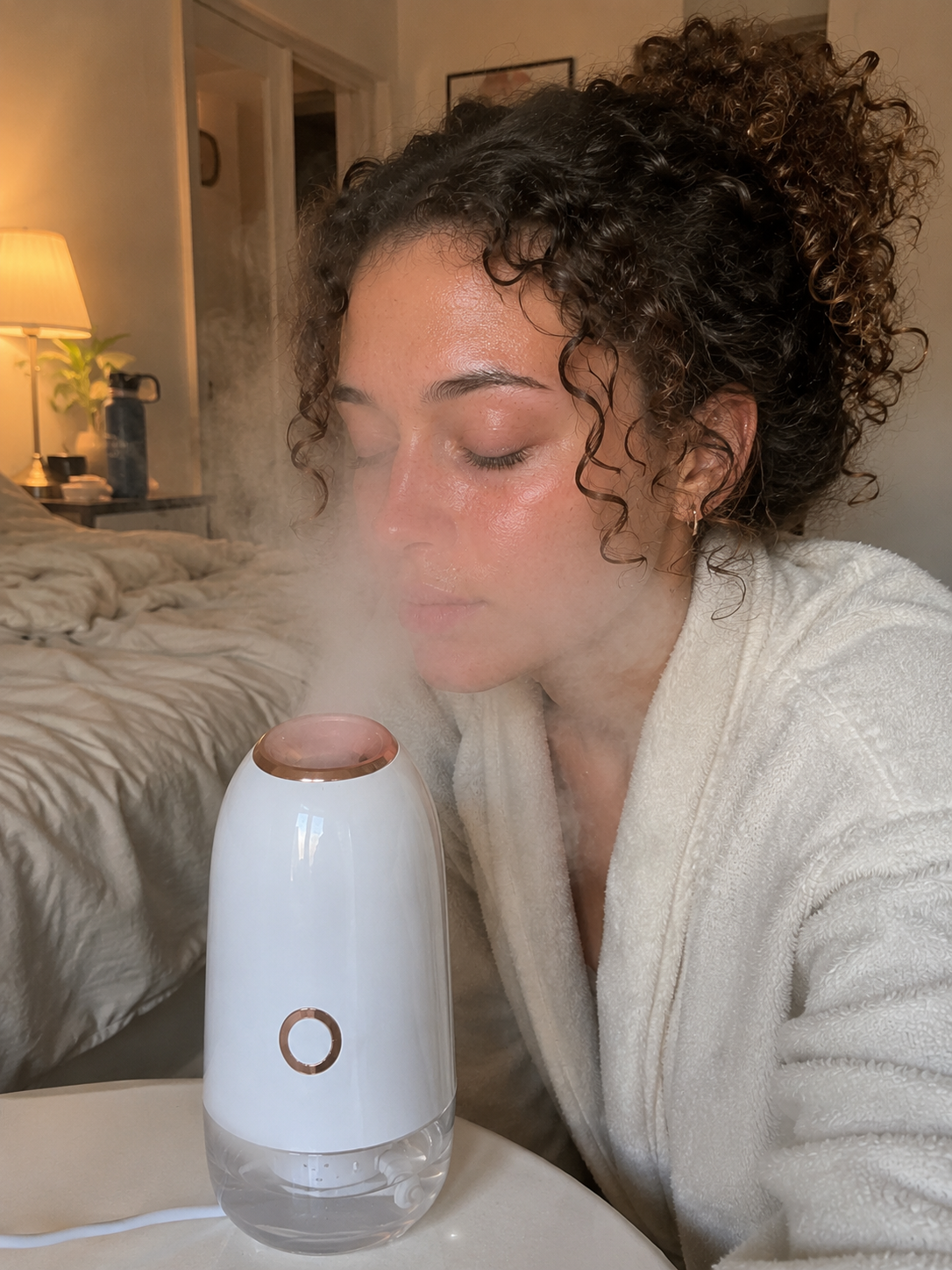 Using the LivWell Facial Steamer in the bedroom, nano-mist steaming the face