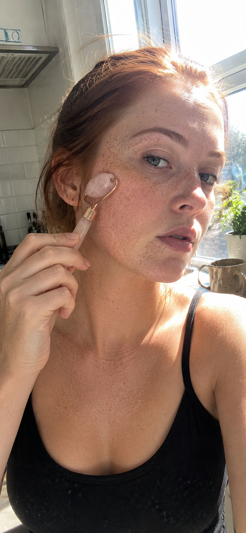 Model using a rose quartz face roller in natural sunlight